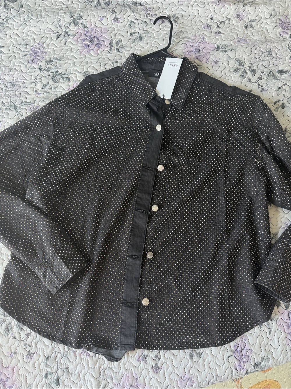 AKIRA Black Button-Down Shirt with Metallic Dot Detail